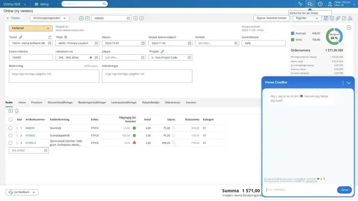 Dashboard i Visma Net affärssystem
