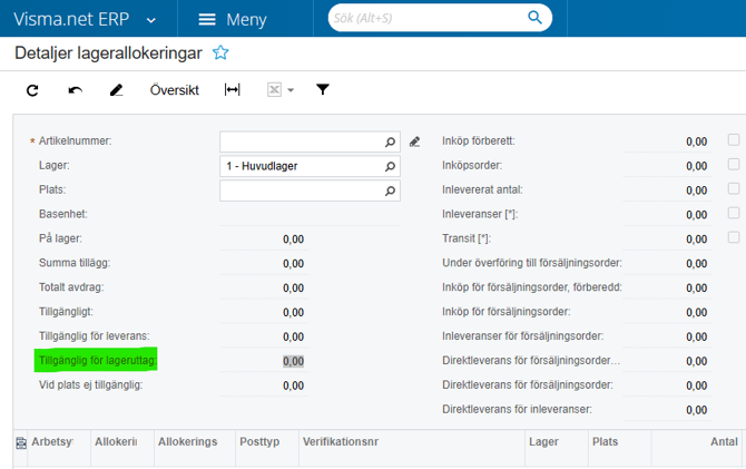 Skärmbild av tillgängligt lageruttag i Visma Net
